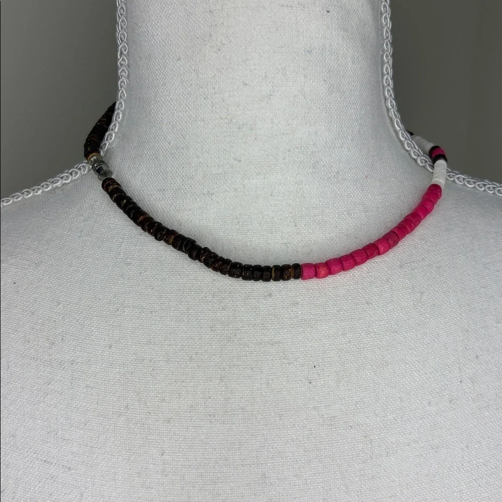 Retro Pink, Brown & White “Surfer Girl” Beaded Necklace